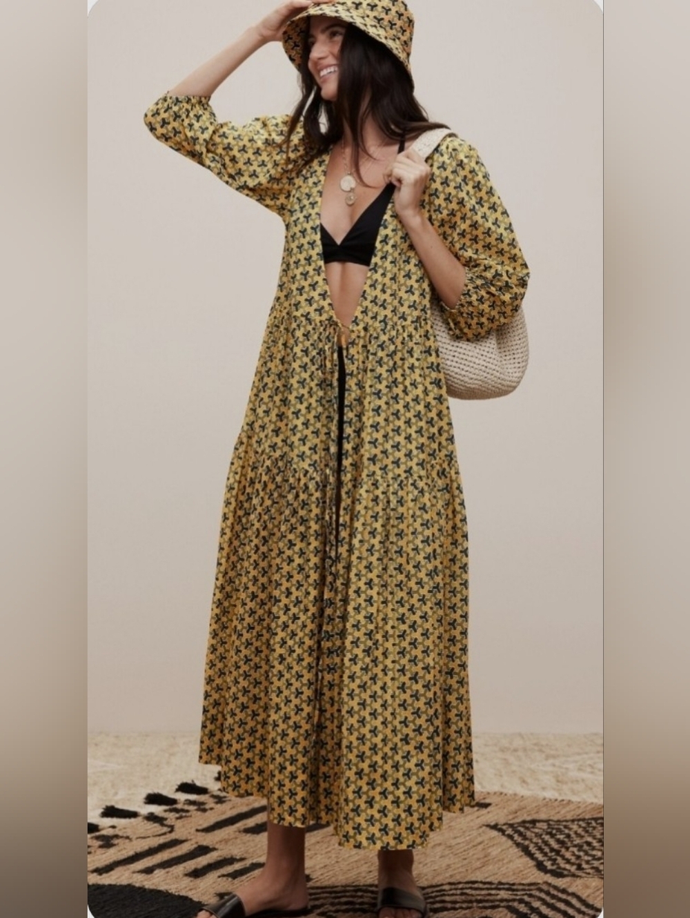 Banana Republic The White Lotus Cotton Wrap Dress Yellow Geo Print XSP